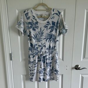 Vintage Havana Blue Floral Print Tshirt Dress Drawstring Waist Size Medium